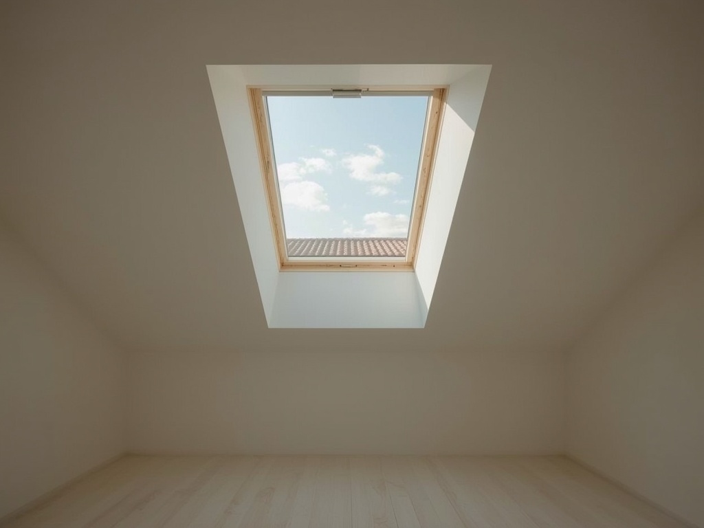 Zolderinterieur met open kunststof dakraam dat zacht daglicht binnenlaat.
