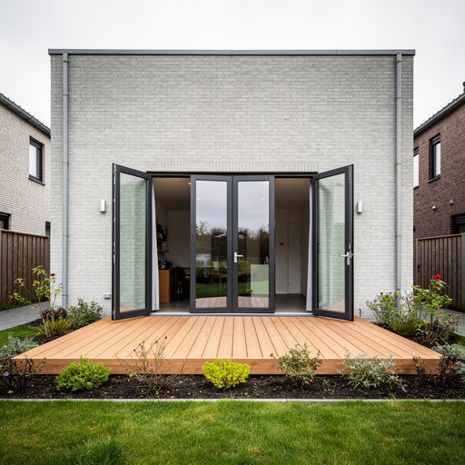 Anthraciete kunststof openslaande deuren open naar een houten terras in de achtertuin.