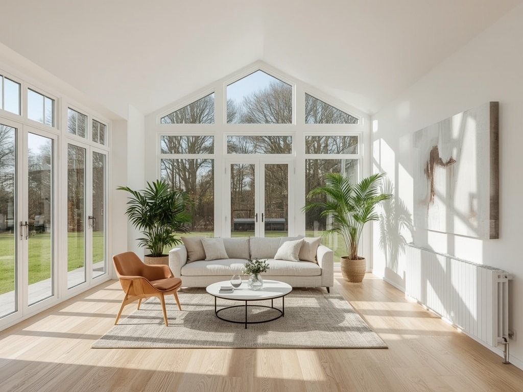 Ruime woonkamer in Goirle met grote witte kunststof kozijnen die veel daglicht en warmte binnenlaten.