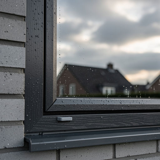 Donkergrijs kunststof kozijn met waterpareling na regen, weerbestendige afwerking zichtbaar.