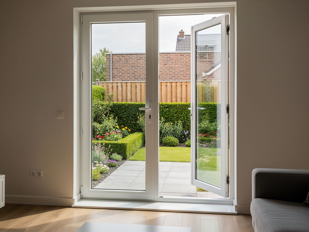 doorkijk vanuit woonkamer door kunststof kozijn naar tuin in Goirle