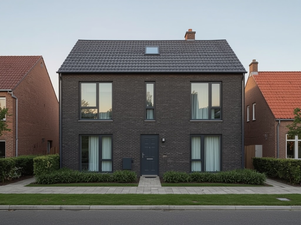 twee-onder-een-kapwoning in Goirle met antraciet grijze kunststof kozijnen en donkere gevel
