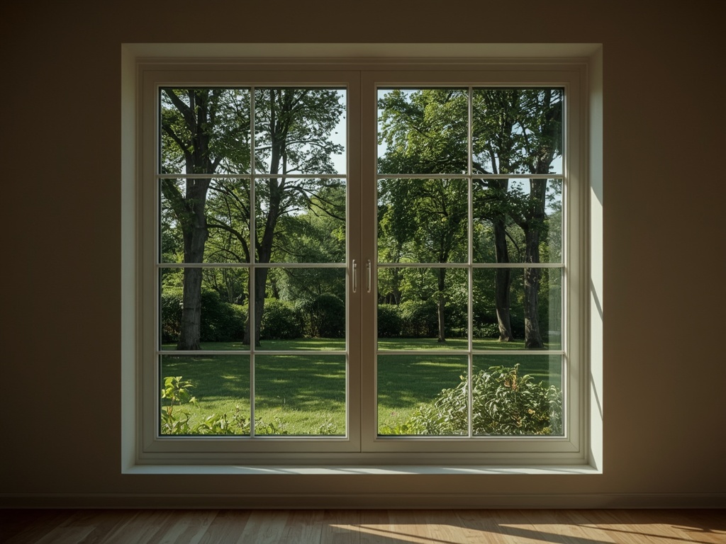 blik vanuit woonkamer in Goirle door wit kunststof raamkozijn naar groene tuin